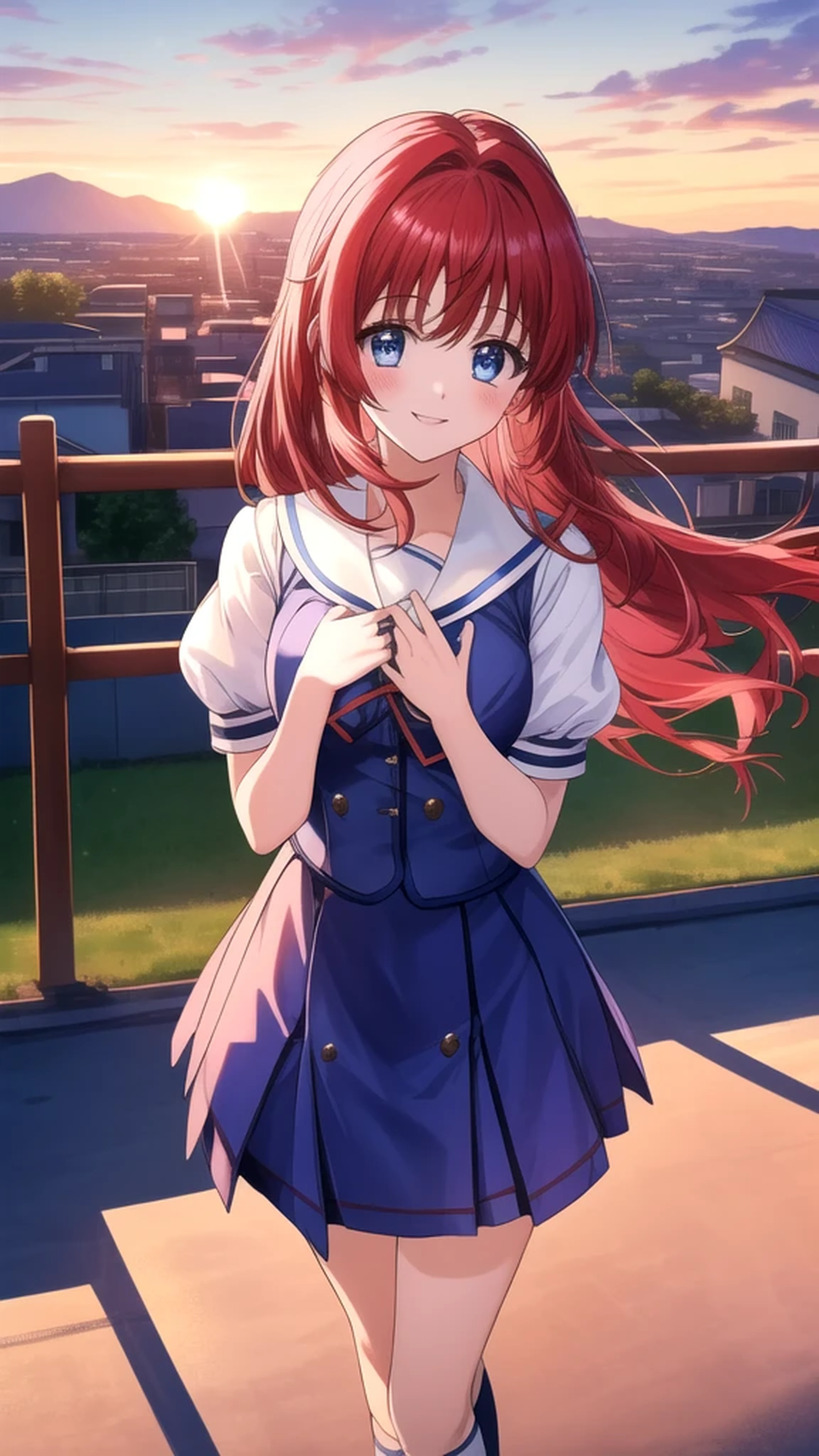 kotorishirakawa, ((masterpiece, best quality, highres, distinct_image)), 
extremely beautiful and delicate, extremely detailed, intricate detail, 1girl, solo, short stack, huge breasts, red hair, long hair, straight hair, Blue eyes, BREAK skirt, school uniform, short sleeves, socks, puffy sleeves, puffy short sleeves, Cute Smile Open your mouth, Are standing, (Winter Night、With the sunset and the fence behind、Receiving a confession on the school rooftop。I got closest to that smile:1.1), (Place your hands on your chest:1.3), Two Arms, (cinematic angle:1.1),