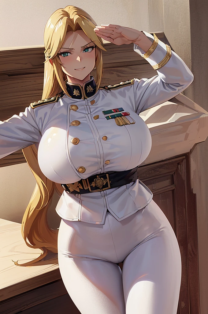 8k(White military uniform, White military uniform:1.5  )
Masterpiece(woman,Huge breasts,Huge breasts:1.５,とても唇が赤いHuge breastsを強調,Big Ass,Narrow waist,Long legs,Green Eyes Standing)
8k((Anime Style,Henyohe 8k((Anime Style,A sloppy smile,What we are looking for,Face mischievous face,The facial expression is accurate:1.1))))
8k(Staring at me)
8k((Focus on the face))
8k(The facial expression is accurate)
8k(きれいなwoman)
8k(Tight fit)
8k(Model standing)
(Red face)
8k((Right hand salute:1.5))
(Long blonde hair:1.1)
8k(The facial expression is accurate)