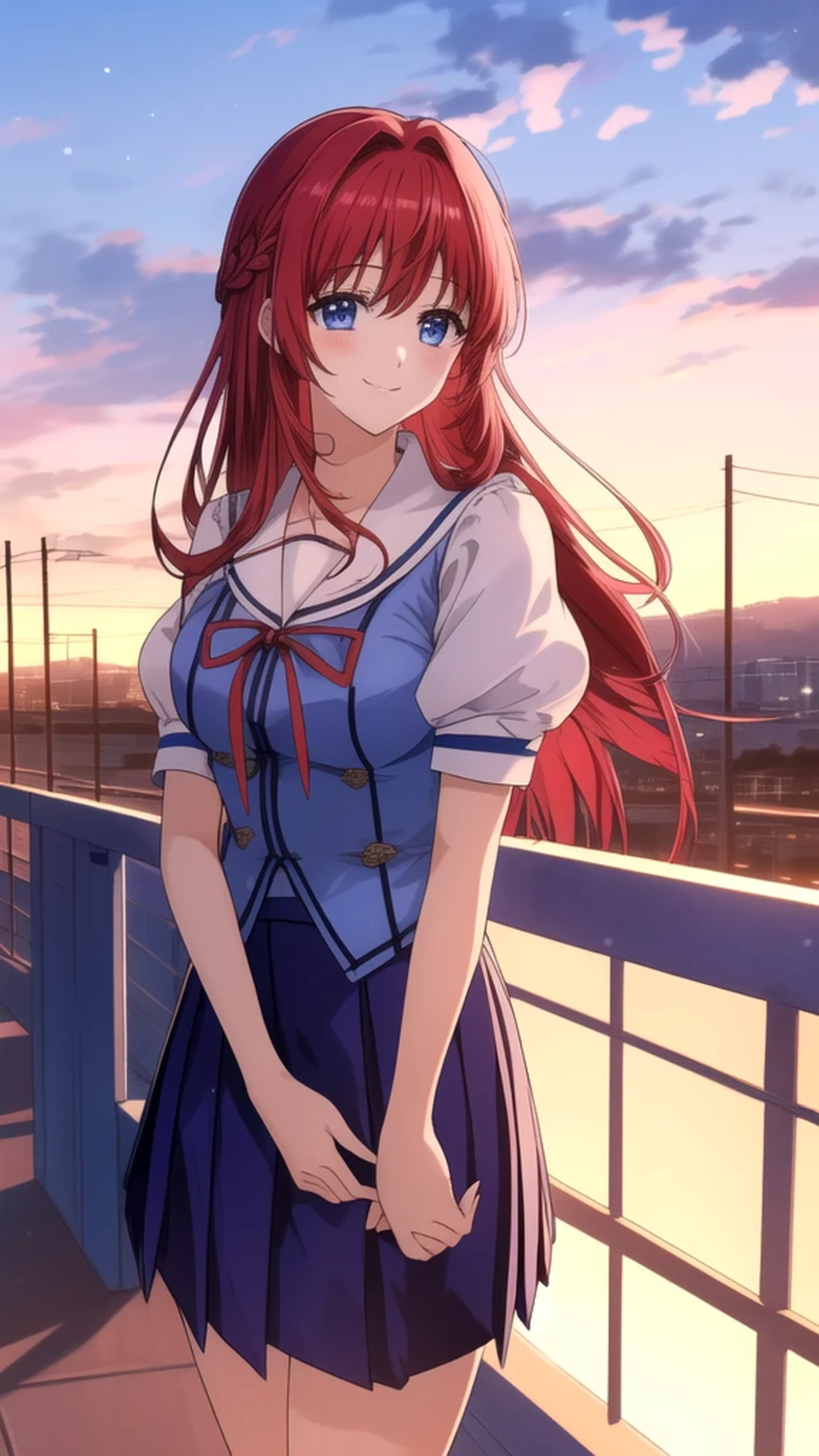 kotorishirakawa, ((masterpiece, best quality, highres, distinct_image)), 
extremely beautiful and delicate, extremely detailed, intricate detail, 1girl, solo, short stack, huge breasts, red hair, long hair, straight hair, Blue eyes, BREAK skirt, school uniform, short sleeves, socks, puffy sleeves, puffy short sleeves, Cute Smile Open your mouth, Are standing, (Winter Night、With the sunset and the fence behind、Receiving a confession on the school rooftop。I got closest to that smile:1.1), (Place your hands on your chest:1.3), Two Arms, (cinematic angle:1.1),