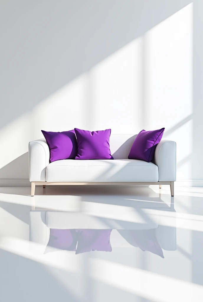 White bedroom white sofa and purple pillows and reflting white