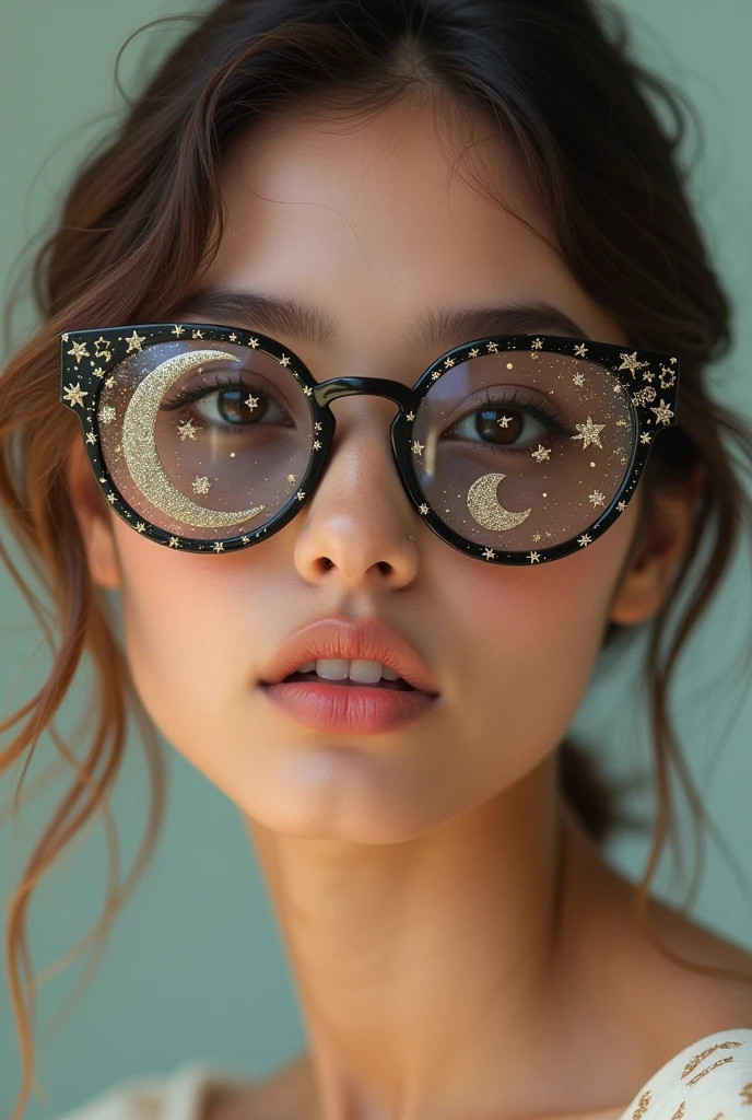 The model is wearing glass sunglasses with stars and the moon on the glass