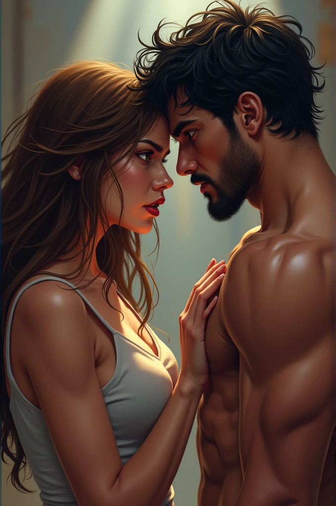 Long brown hair girl angry with fit guy messy black hair without beard touching his head