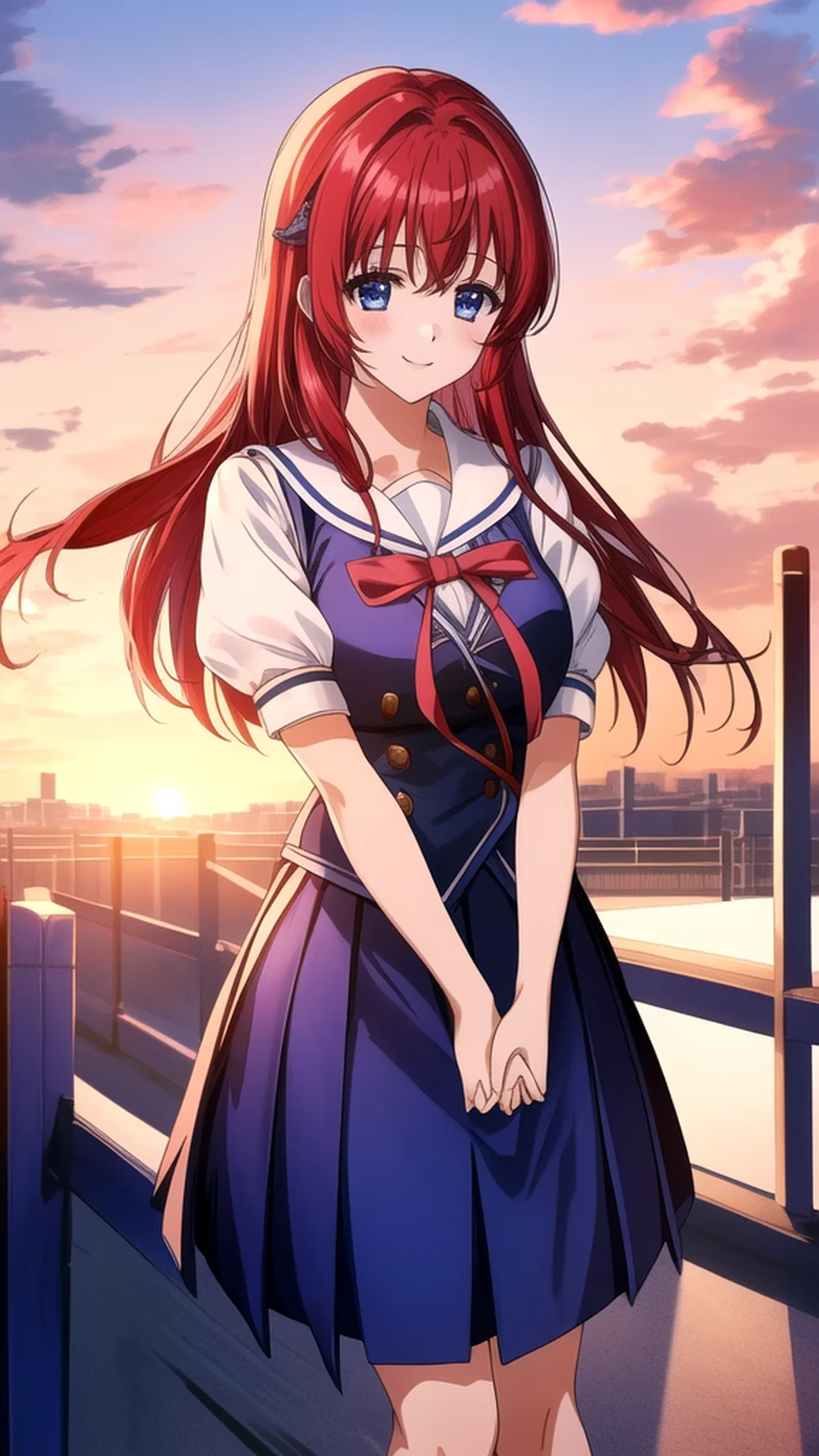 kotorishirakawa, ((masterpiece, best quality, highres, distinct_image)), 
extremely beautiful and delicate, extremely detailed, intricate detail, 1girl, solo, short stack, huge breasts, red hair, long hair, straight hair, Blue eyes, BREAK skirt, school uniform, short sleeves, socks, puffy sleeves, puffy short sleeves, Cute Smile Open your mouth, Are standing, (Winter Night、With the sunset and the fence behind、Receiving a confession on the school rooftop。I got closest to that smile:1.1), (Place your hands on your chest:1.3), Two Arms, (cinematic angle:1.1),