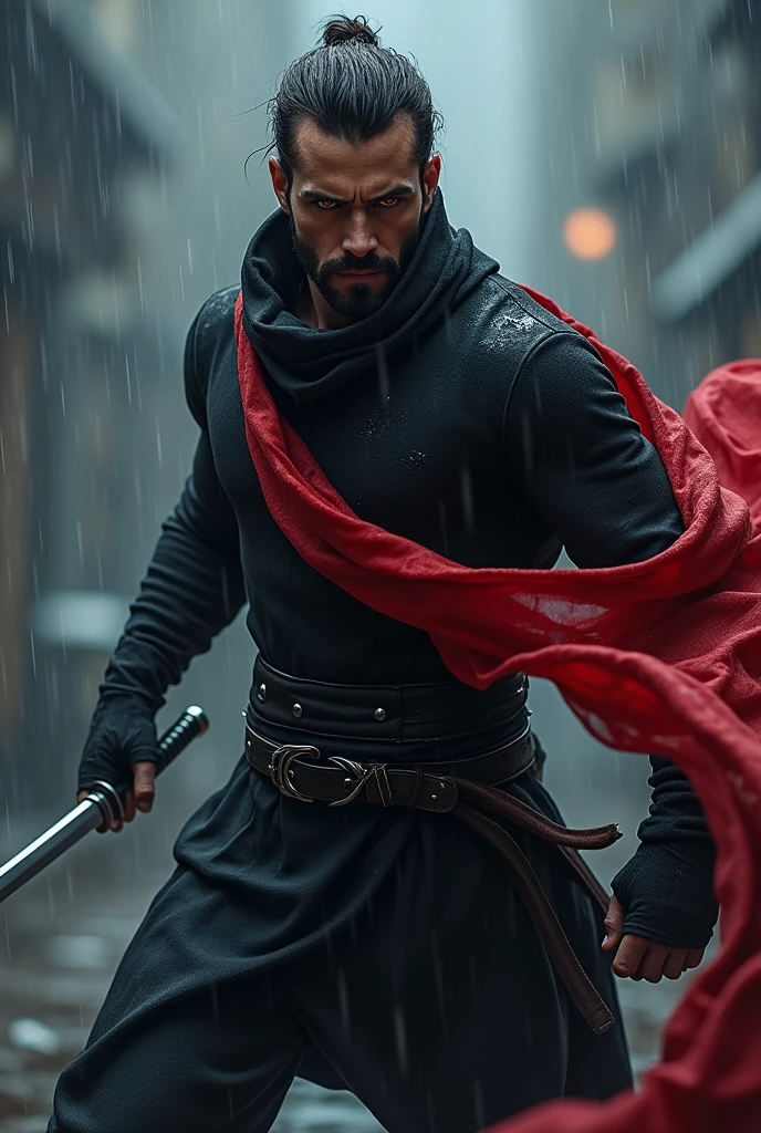A man with brown skin, Bblack hair, Eyes red, short beard.
Use a ninja look with assin, black color with a long red scarf hiding her mouth and nose.
a knife in his hand in attack position rainy weather.