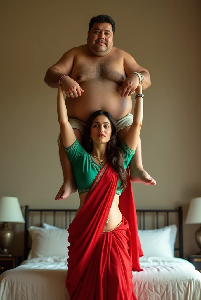 Beautiful and Slim Indian woman Aishwarya Rai in green blouse red saree lifting a large chubby fat man above her shoulders, man is sitting on woman's shoulders, in a bedroom with high ceiling, natural smile, woman is looking into the camera , she is holding his hands, full body image 
