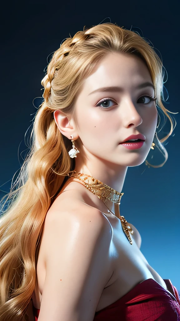 One person, Exposing shoulders, Bellissima, Blonde, blue eyes, Blurred, Blurred background, Braiding, chest, Curly Hair, Earrings, flower, freckles, From the side, jewelry, lips, Long Hair, View your viewers, Look to the side, Mole under the mouth, necklace, Realistic , Simple Background, alone, Upper Body, High resolution, Anatomically correct, accurate, High-resolution model, Very detailed, Textured skin, Open your mouth a little, smile, summer