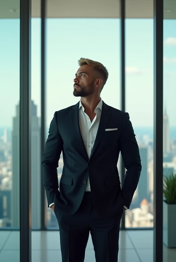one  men, aesthetically beautiful body because you train at the gym, blond with beard, wearing a slightly tight suit, millionaire in his office standing looking through the glass of his office