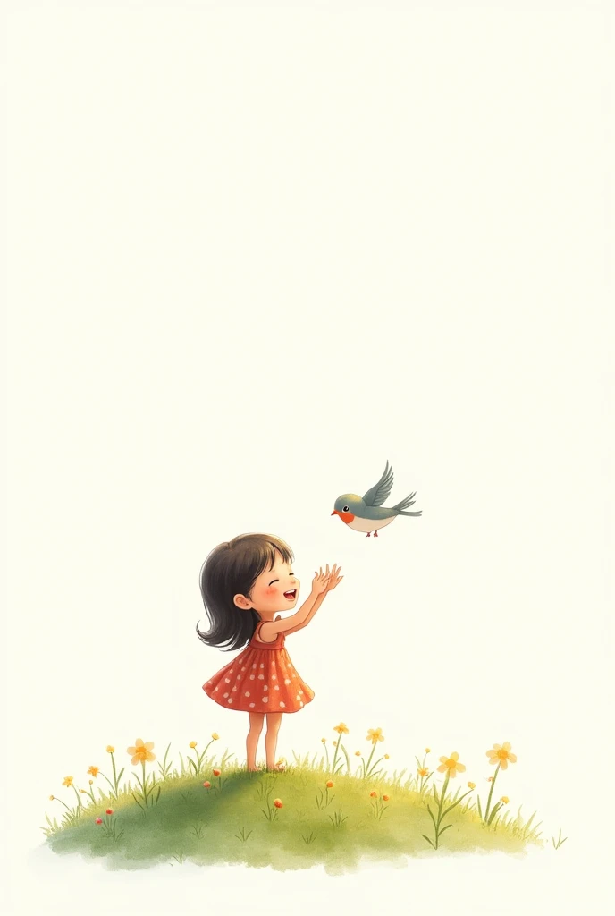 white background,liitle girl standing on grass,rais her hands to little bird,little bird flying,cute frock wearing girl,smilling face
