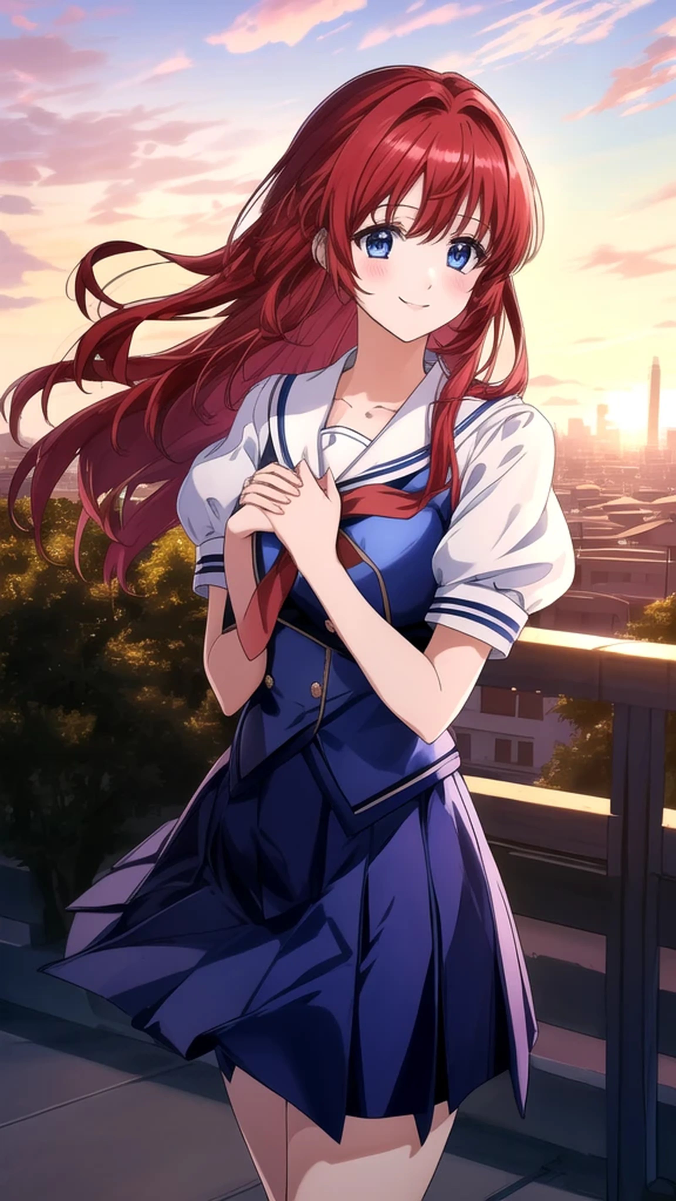 kotorishirakawa, ((masterpiece, best quality, highres, distinct_image)), 
extremely beautiful and delicate, extremely detailed, intricate detail, 1girl, solo, short stack, huge breasts, red hair, long hair, straight hair, Blue eyes, BREAK skirt, school uniform, short sleeves, socks, puffy sleeves, puffy short sleeves, Cute Smile Open your mouth, Are standing, (Winter Night、With the sunset and the fence behind、Receiving a confession on the school rooftop。I got closest to that smile:1.1), (Place your hands on your chest:1.3), Two Arms, (cinematic angle:1.1),