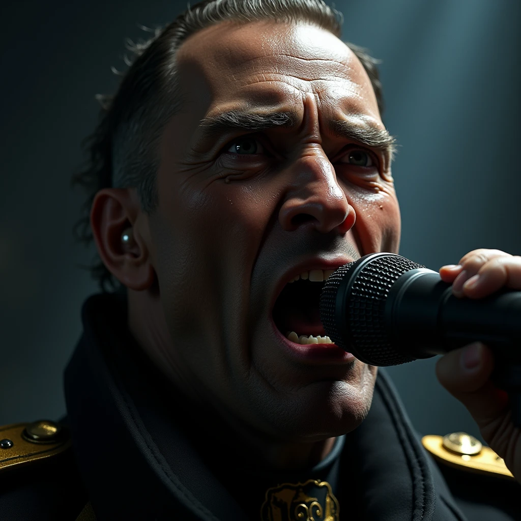 A close-up of a Imperium Commissar's face, singing passionately into a microphone, determined expression, dramatic lighting, Warhammer 40k
