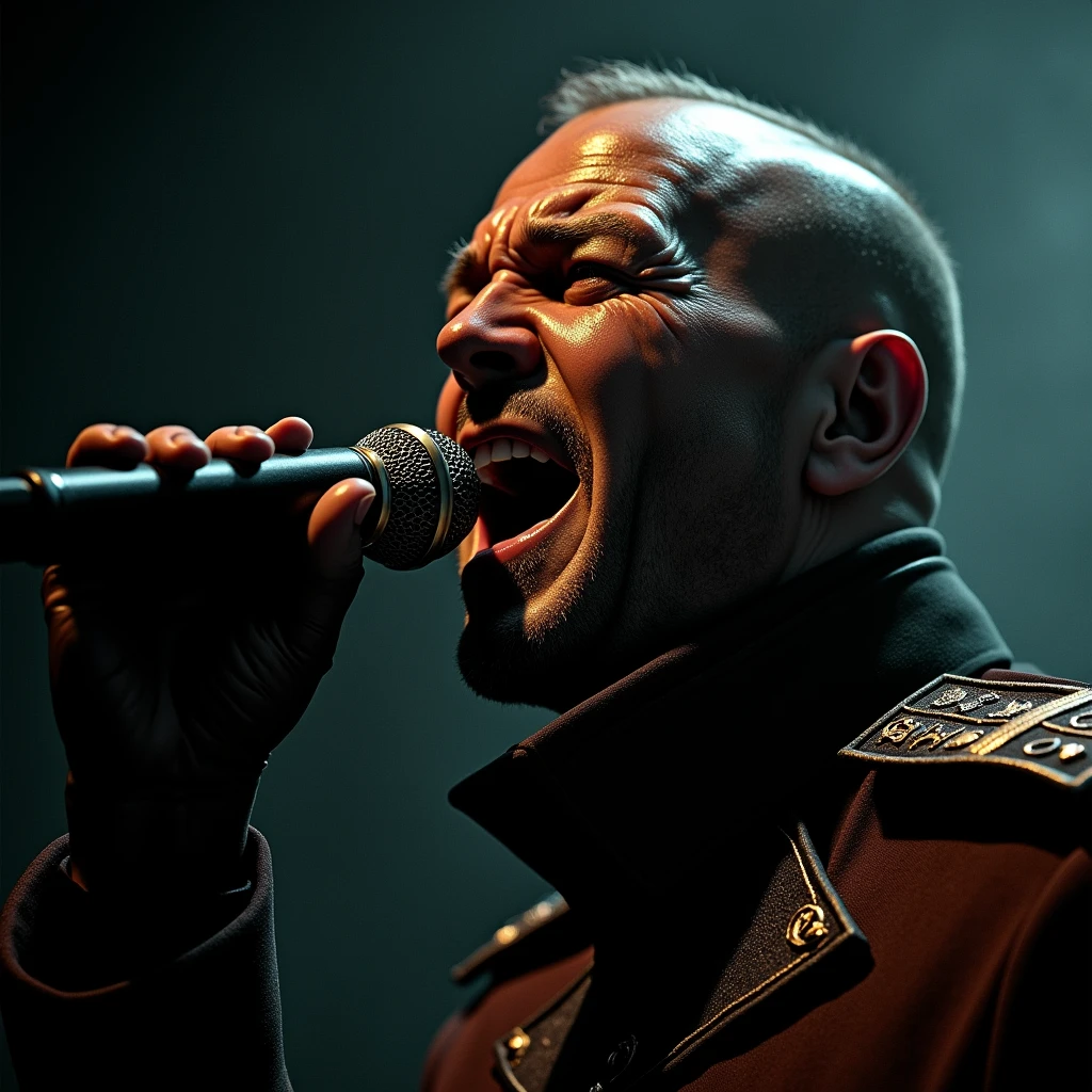 A close-up of a Imperium Commissar's face, singing passionately into a microphone, determined expression, dramatic lighting, Warhammer 40k
