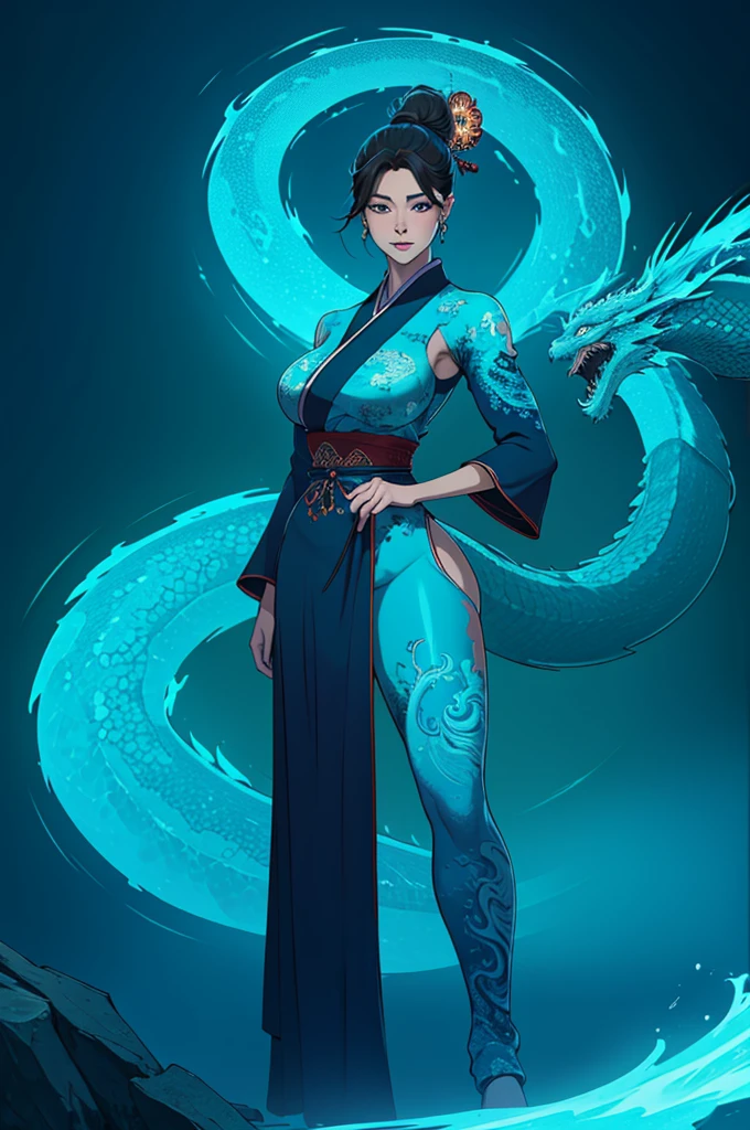 *8k Masterpiece, Top Quality, Best Quality, Official Art, (Beauty and Aesthetics: 1.3), Extremely Detailed, (Fractal Art: 1.3), Colorful, Ice and Chinese Dragon, Serpentine Body with tail, Claw, Cyan and 1 Woman, Han Woman's Media, Hanfu, Cyan,