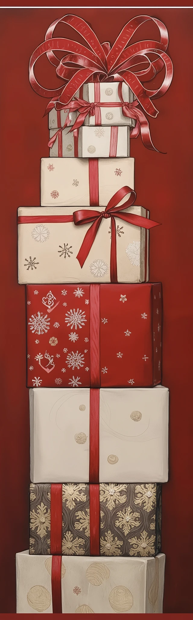 The image displays a stack of decorative gift boxes in various sizes and patterns, arranged vertically. The boxes feature a combination of red, white, and patterned designs with snowflakes and other ornamental motifs. A prominent red ribbon with a bow ties some of the boxes together, adding to the festive appearance. This image evokes the spirit of gift-giving and celebration, commonly associated with festive occasions such as Christmas or birthdays.