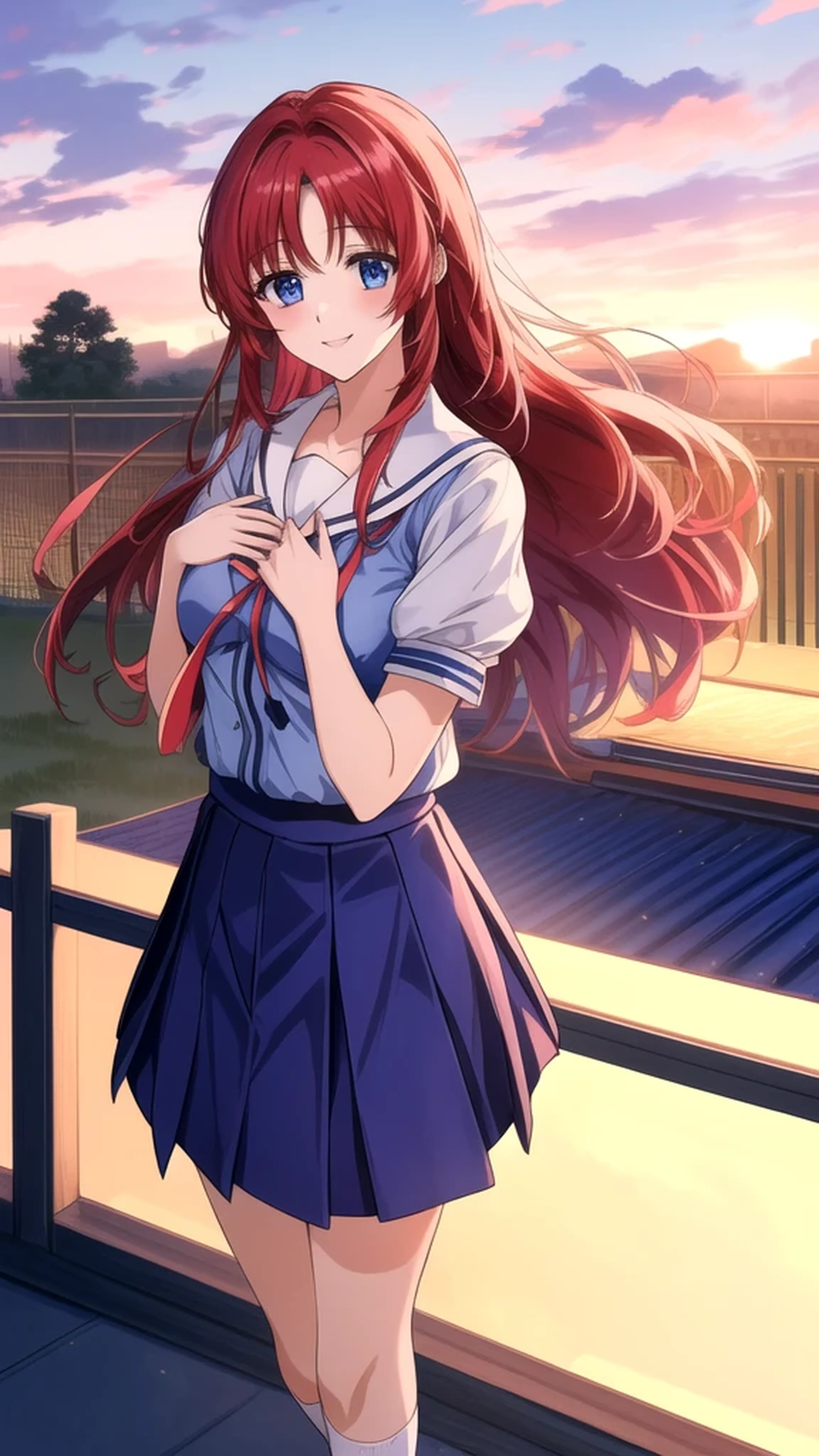 kotorishirakawa, ((masterpiece, best quality, highres, distinct_image)), 
extremely beautiful and delicate, extremely detailed, intricate detail, 1girl, solo, short stack, huge breasts, red hair, long hair, straight hair, Blue eyes, BREAK skirt, school uniform, short sleeves, socks, puffy sleeves, puffy short sleeves, Cute Smile Open your mouth, Are standing, (Winter Night、With the sunset and the fence behind、Receiving a confession on the school rooftop。I got closest to that smile:1.1), (Place your hands on your chest:1.3), Two Arms, (cinematic angle:1.1),