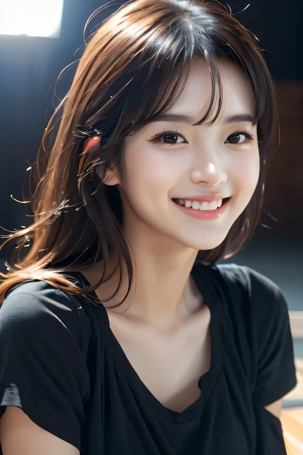 ((Highest quality)), ((masterpiece)), (detailed), Perfect Face, Japanese, woman, white, Face and body facing forward, Very smiling, Cheerful pose, 1 person, very cute, (Photorealistic, High resolution:1.4), Staring at the audience, (In 8K, RAW Photos, Highest quality, masterpiece:1.4), (Realisticな, Photorealistic) :1.37), (Sharp focus:1.2), Portrait, (Simple Background:1.4), Realistic, Glowing Skin, Very smiling, blouse, Wearing dark clothing, Black clothes