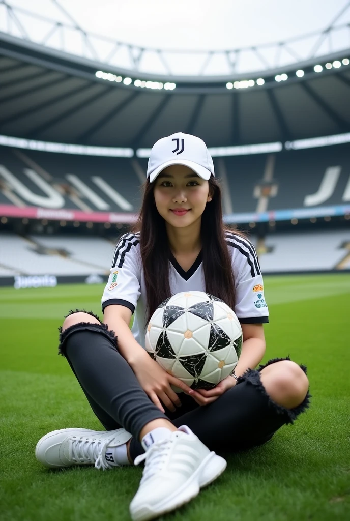 Displaying full HD high resolution photos, A beautyfull Korean girls is sitting in the middle of the stadium field., while sitting on the grass the girls is holding a ball with the JJ symbol, the girls is wearing a juventus jersey, black jeans have rips, adidas white sneakers, and wear a baseball cap with the JJ logo, looking at the camera with a relaxed face, seen the stadium stands with letters written on them "juventus", background of stadium and green grass field, realistic