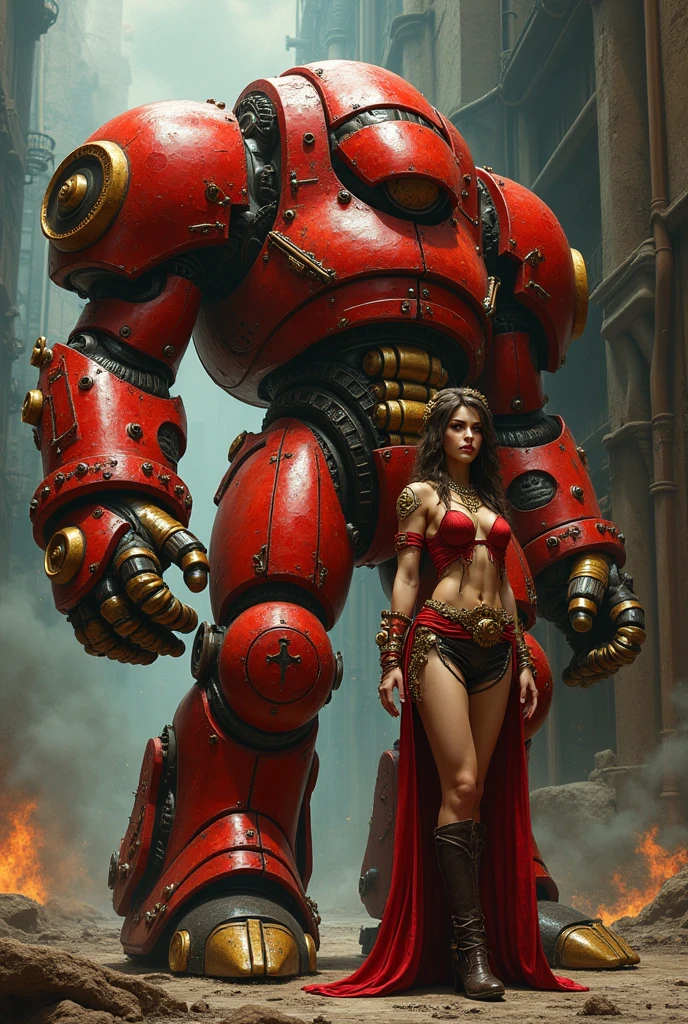 A glamorous steampunk heroine, adorned in intricate Red gold highlights and leather attire, stands confidently next to a colossal, mechanized red and gold titan. The scene is set against a dramatic, industrial backdrop reminiscent of Gerald Brom's dark and fantastical style combined with Frank Frazetta's dynamic and muscular aesthetics. The atmosphere is charged with a blend of gritty steampunk elements and epic fantasy, with an emphasis on bold contrasts and intense energy.