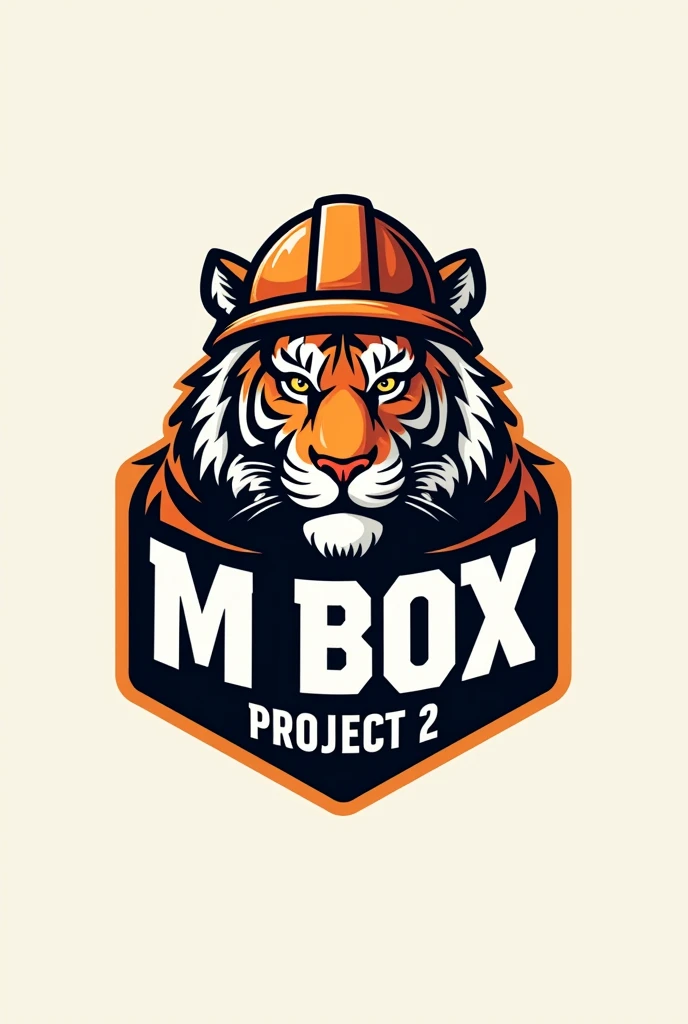 Create a campaign logo that has a slogan "M BOX PROJECT #2 " with a tiger wearing a mining helmet