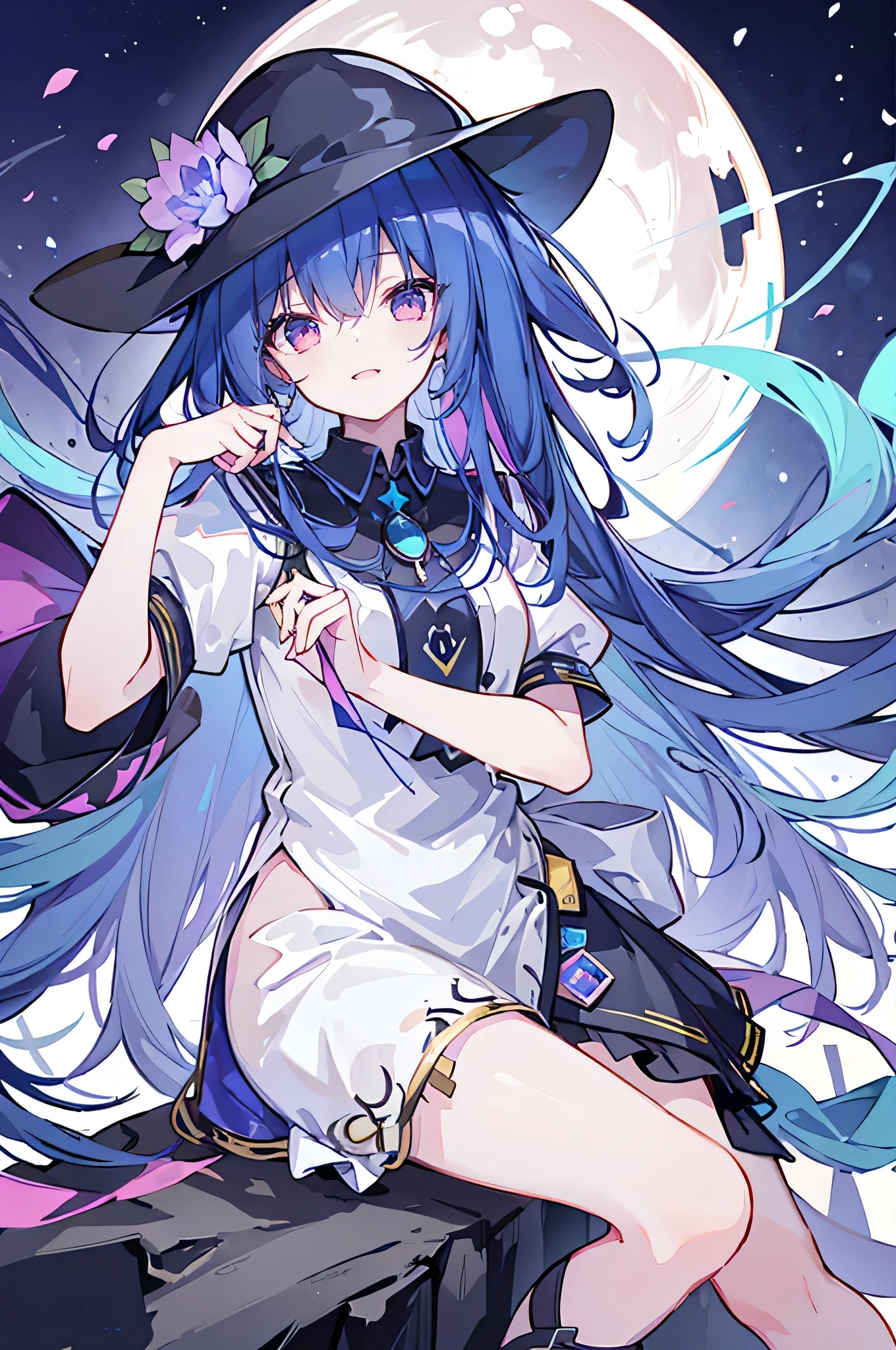 oung Girls,Humanity,A magician always smiles,big witch hat,cute,dark blue long hair,The eyes are dull,The bangs are heavy,Thin eyebrows,fantasy,intake,Double teeth,Star Theme,Constellation pattern,Solid color clothetal decoration,cloak,A bit of a dark atmosphere,A little crazy smile,When the big moon shines outside at night,blood,Hair black star embellishment,Short tie,No nails,High waist skirt,Bell sleeves,Long-sleeved shirt,Black tie,low risk,gentlemen。Mist、Yellow and white effect,Shocking pink as an accent color,(Masterpiece:1.2),Ultra-detailed,lifelike,The eyes are expressive,Fair skin,Perfect face shape,1 girl,Japanese Manga,Gorgeous blue hair,Flowing blue hair,Flowing clothes,Cat ears,Petals falling,Shy face,sitting on window,Place your hand on your lips,masterpiece, absurdres, novel cover, cover illustration, 1girl, solo, dark blue-haired ponytail, mage robes, flower background, clock background, monochrome, line drawing,only two hands ,only two legs.