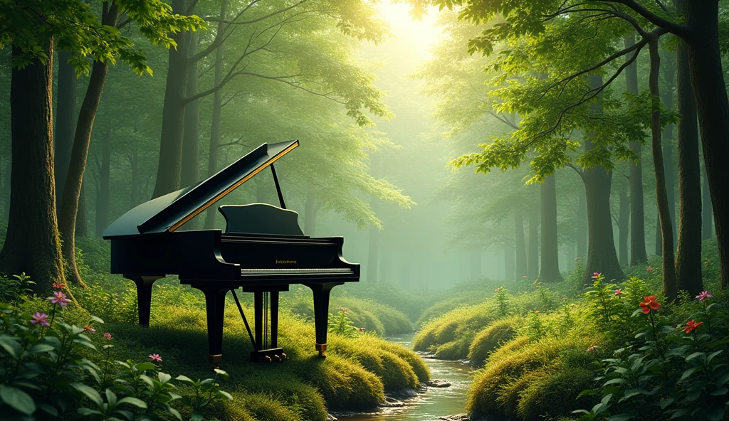 A black grand piano is placed in the middle of a lush green forest. The scene is bathed in soft sunlight filtering through the tall trees and green maple (momiji) leaves, creating a calm and peaceful atmosphere. A small stream runs beside the piano, reflecting the sunlight. The forest floor is covered with moss and leaves, and the piano stands out against the vibrant natural surroundings, adding an element of elegance to the serene landscape. The image should be detailed and realistic, capturing the tranquility of the forest and the beauty of the piano.
Small flowers are blooming