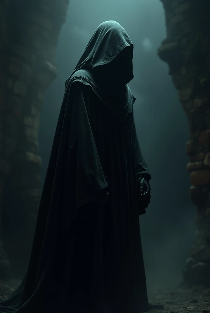 A wizard in simple dark robes without showing his face from the torso up in a dark environment