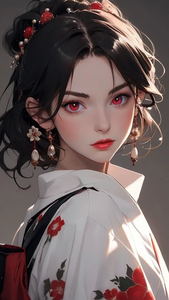 One person, solo, High resolution, chest, Shortcuts, Brown Hair, Android 18's face and hairstyle from Dragon Ball, with brown hair.、Earrings、Light red blush on the cheeks、Glamorous figure、off-the-shoulder black shirt、Camel-colored mini skirt、In beauty salons、Holding scissors and cutting、Cute Smile、Bright interior、There are customers around who are getting their hair cut.、
