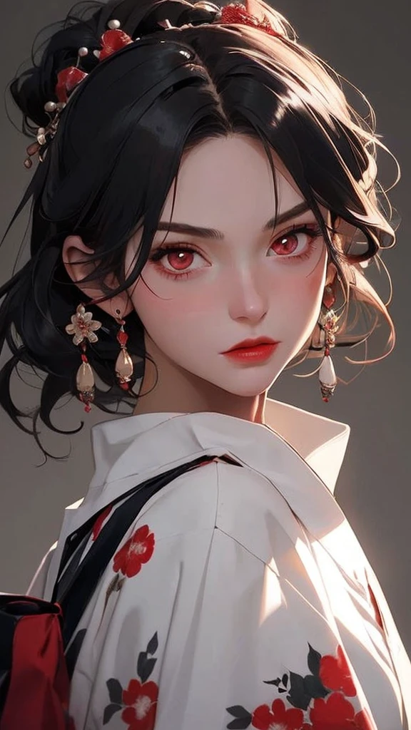 One person, solo, High resolution, chest, Shortcuts, Brown Hair, Android 18's face and hairstyle from Dragon Ball, with brown hair.、Earrings、Light red blush on the cheeks、Glamorous figure、off-the-shoulder black shirt、Camel-colored mini skirt、In beauty salons、Holding scissors and cutting、Cute Smile、Bright interior、There are customers around who are getting their hair cut.、