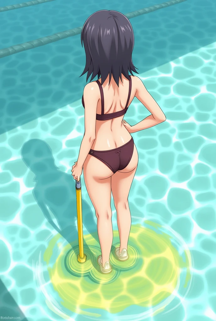 Anime, girl, girl in a swimsuit, girl in a swimsuit with a tube that is inserted into a swimsuit, pees, pees herself, pees with yellow urine, pees into a tube that is inserted into a swimsuit, yellow urine flows from a tube that is inserted into a swimsuit, urine flows into the pool, bright yellow urine dissolves in the pool