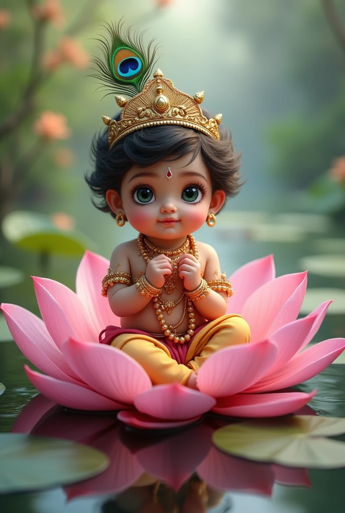 A realistic image of a cute  one year on baby boy as lorishna sitting on a pink lotus in a pond , holding a flute ,  wearing a crown with a peacock feather in it,  and divine attire and he is very very beautiful 