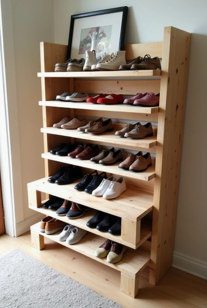  “A simple and organized shoe rack crafted from wooden pallets, placed near the entryway of a home. The rack has multiple tiers to neatly store shoes of various sizes