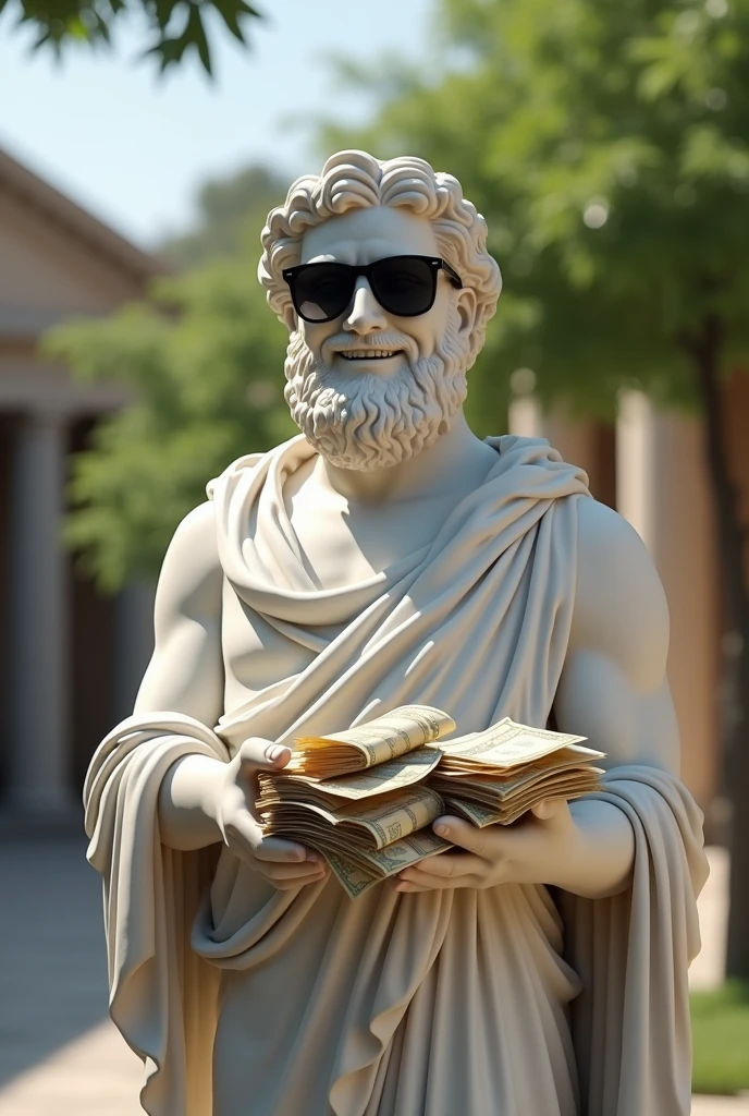 Greek statue with a smile on its face wearing sunglasses and holding money in its hand
