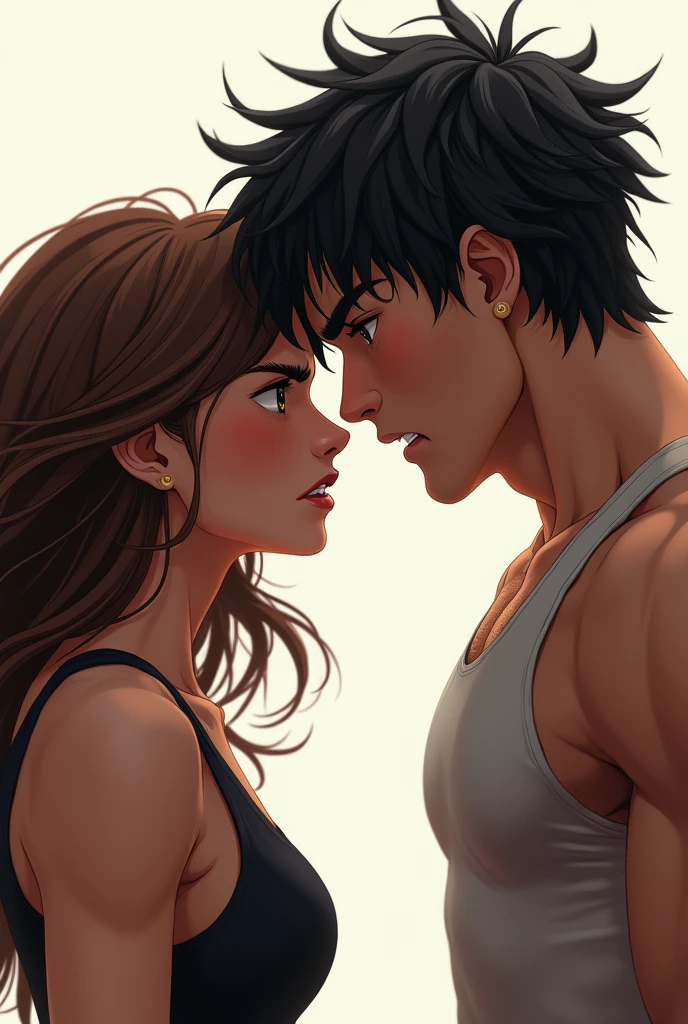 Long brown hair girl angry at fit guy with messy black hair without facial hair touching his head with hand