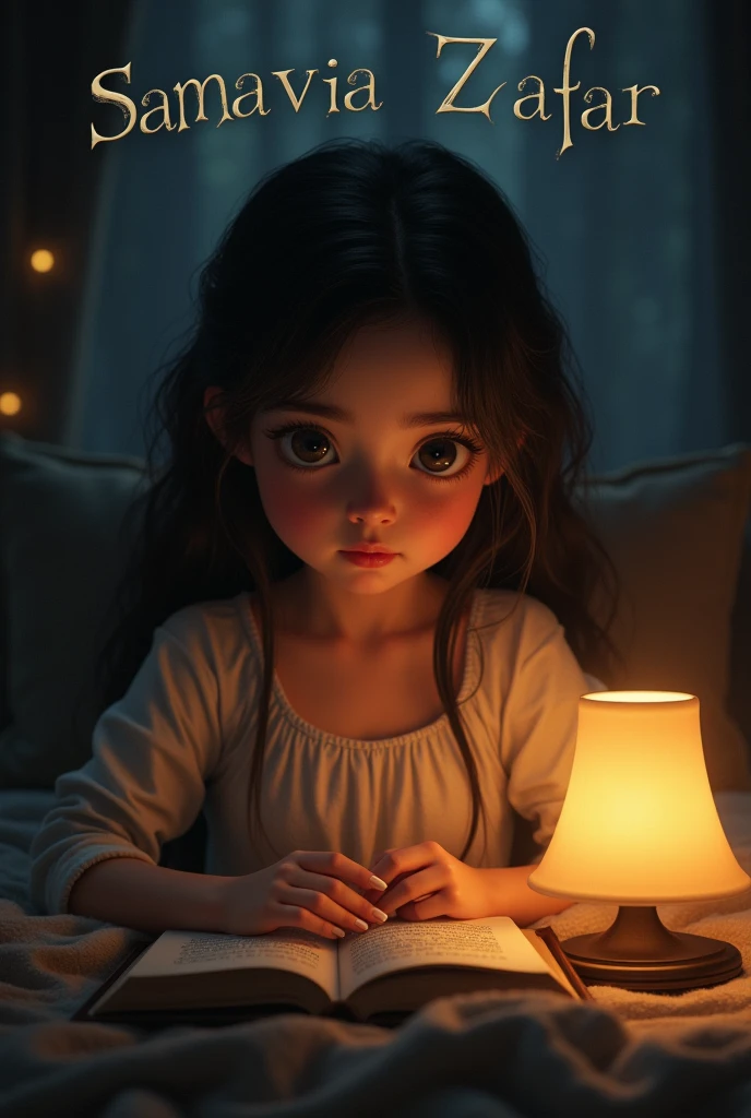 A girl is reading in the lamp at night time. And above that his name is written in text form. Her name Samavia Zafar is written in text form on the top of the photo