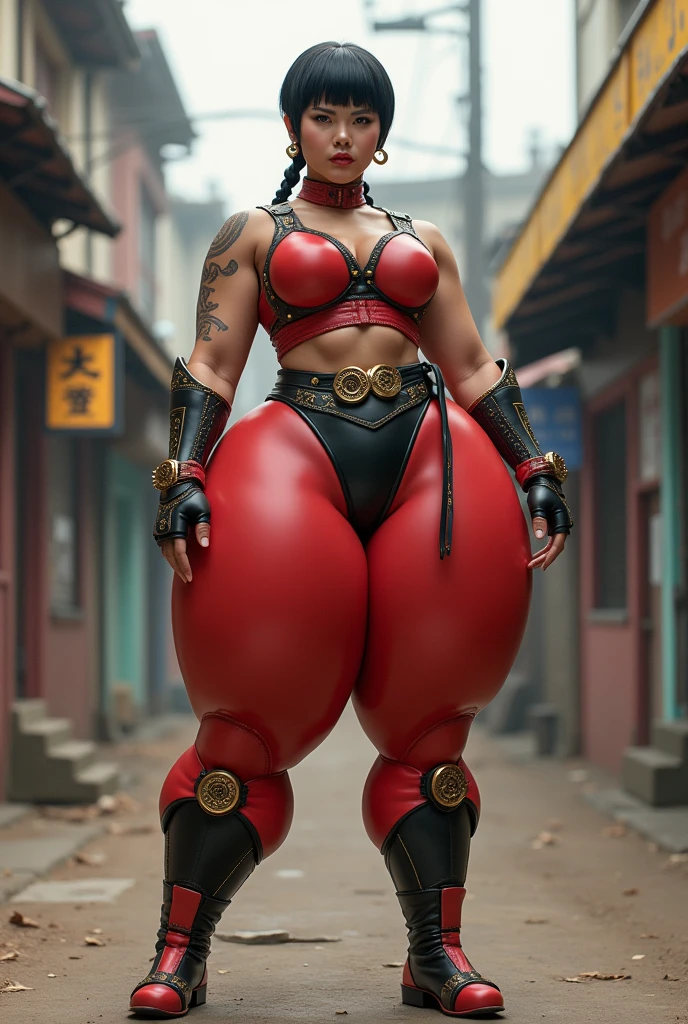 location, Very short hair fit Woman wearing armor chun li cosplay, Womanly, impossibly small tiny waist abs waistline, circumference of lower extremities far exceeds 80 inches hips, she has massively immense hip measurements, with the worlds largest buttocks, location random, intense detail, bold leggings, hyper realistic, A bottom-heavy, superior body part, voluptuous lower body, feminine figure, portraits, Reductionist form, mujercore, bold lines, in the style of Mike Campau, Iris Van Herpen, Howard Schatz, Russian-Western, an Inferior Physical Goddess   