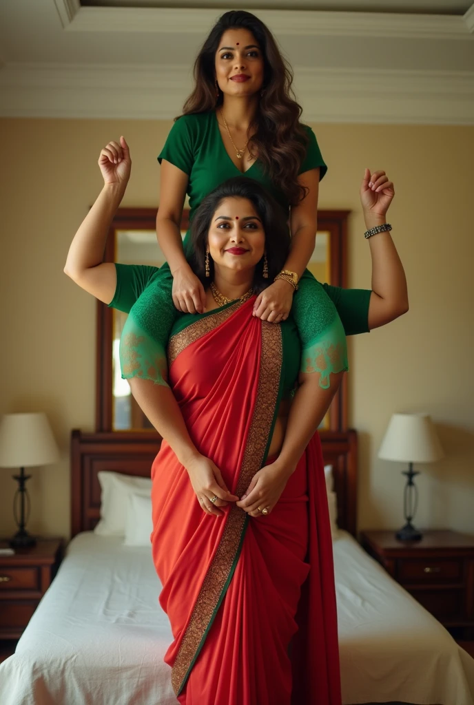 Beautiful and Slim Indian woman Aishwarya Rai in green blouse red saree lifting a large chubby fat man above her shoulders, man is sitting on woman's shoulders, in a bedroom with high ceiling, natural smile, woman is looking into the camera , she is holding his hands, full body image