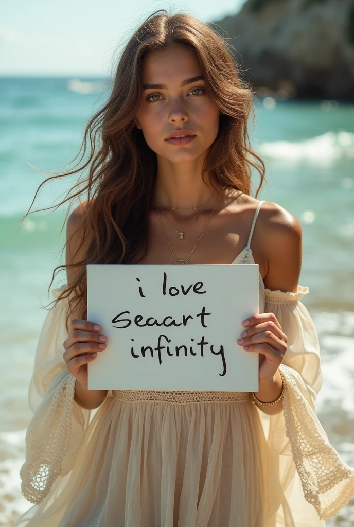 Beautiful girl with wavy long hair, bohemian dress, holding a white board with text "I Love Seaart Infinity" and showing it to the viewer