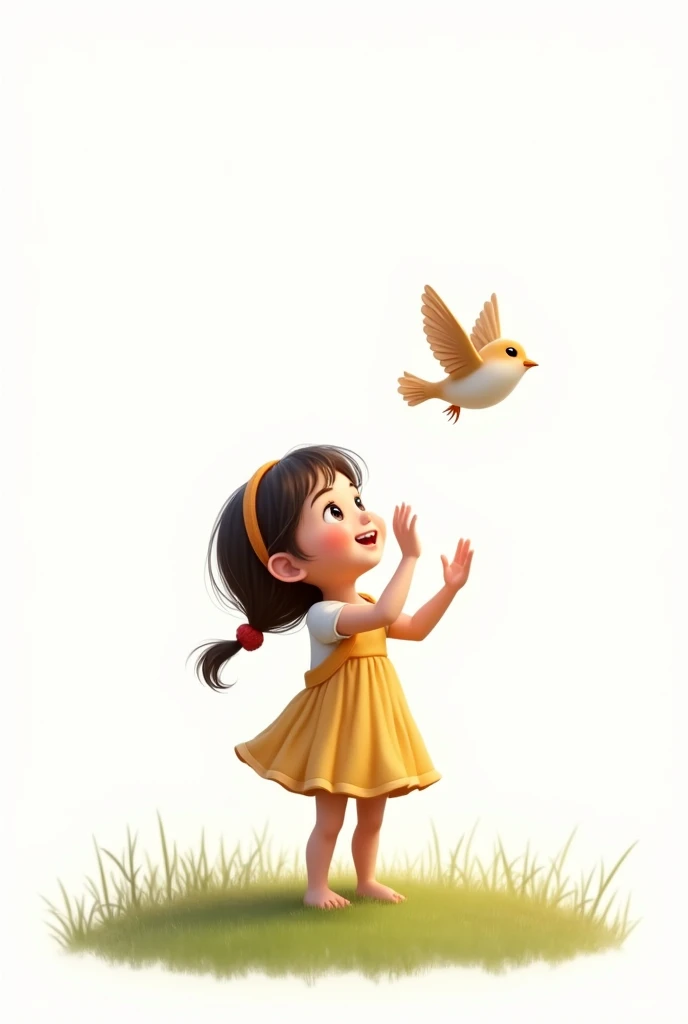 white background,liitle girl standing on grass,rais her hands to little bird,little bird flying,cute frock wearing girl,smilling face
