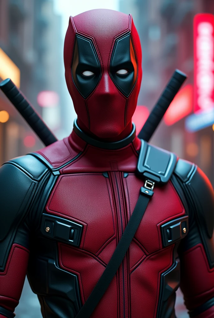 A highly detailed and dynamic portrait of Ryan Reynolds wearing the iconic Deadpool costume, with meticulous attention to the character's distinct facial features, including his piercing eyes, chiseled jawline, and expressive mouth. The costume should be depicted with a perfect balance of realism and comic book stylization, showcasing the signature red and black color scheme, the utility belt, and the character's signature pose. The background should feature a gritty, urban setting that complements the Deadpool persona, with a touch of neon lighting to enhance the cyberpunk aesthetic. The overall image should capture the character's confident, irreverent, and action-packed essence, resulting in a visually stunning and captivating depiction.
A highly detailed portrait of Ryan Reynolds as Deadpool, incredibly realistic and photorealistic, hyperrealistic, extremely detailed and intricate facial features, intense eyes, chiseled jawline, dynamic pose, Deadpool costume with perfect textures and materials, urban gritty setting with neon lighting, cinematic lighting, hyper detailed, 8k, masterpiece