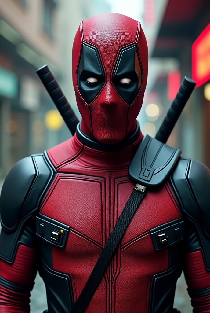 A highly detailed and dynamic portrait of Ryan Reynolds wearing the iconic Deadpool costume, with meticulous attention to the character's distinct facial features, including his piercing eyes, chiseled jawline, and expressive mouth. The costume should be depicted with a perfect balance of realism and comic book stylization, showcasing the signature red and black color scheme, the utility belt, and the character's signature pose. The background should feature a gritty, urban setting that complements the Deadpool persona, with a touch of neon lighting to enhance the cyberpunk aesthetic. The overall image should capture the character's confident, irreverent, and action-packed essence, resulting in a visually stunning and captivating depiction.

A highly detailed portrait of Ryan Reynolds as Deadpool, incredibly realistic and photorealistic, hyperrealistic, extremely detailed and intricate facial features, intense eyes, chiseled jawline, dynamic pose, Deadpool costume with perfect textures and materials, urban gritty setting with neon lighting, cinematic lighting, hyper detailed, 8k, masterpiece