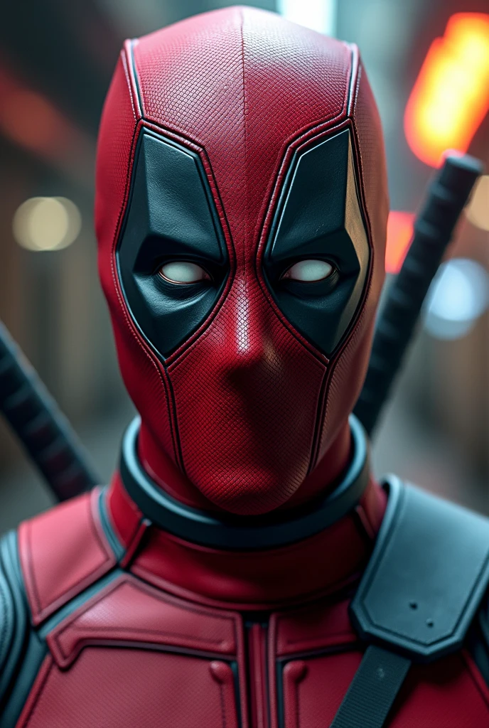 A highly detailed and dynamic portrait of Ryan Reynolds wearing the iconic Deadpool costume, with meticulous attention to the character's distinct facial features, including his piercing eyes, chiseled jawline, and expressive mouth. The costume should be depicted with a perfect balance of realism and comic book stylization, showcasing the signature red and black color scheme, the utility belt, and the character's signature pose. The background should feature a gritty, urban setting that complements the Deadpool persona, with a touch of neon lighting to enhance the cyberpunk aesthetic. The overall image should capture the character's confident, irreverent, and action-packed essence, resulting in a visually stunning and captivating depiction.

A highly detailed portrait of Ryan Reynolds as Deadpool, incredibly realistic and photorealistic, hyperrealistic, extremely detailed and intricate facial features, intense eyes, chiseled jawline, dynamic pose, Deadpool costume with perfect textures and materials, urban gritty setting with neon lighting, cinematic lighting, hyper detailed, 8k, masterpiece