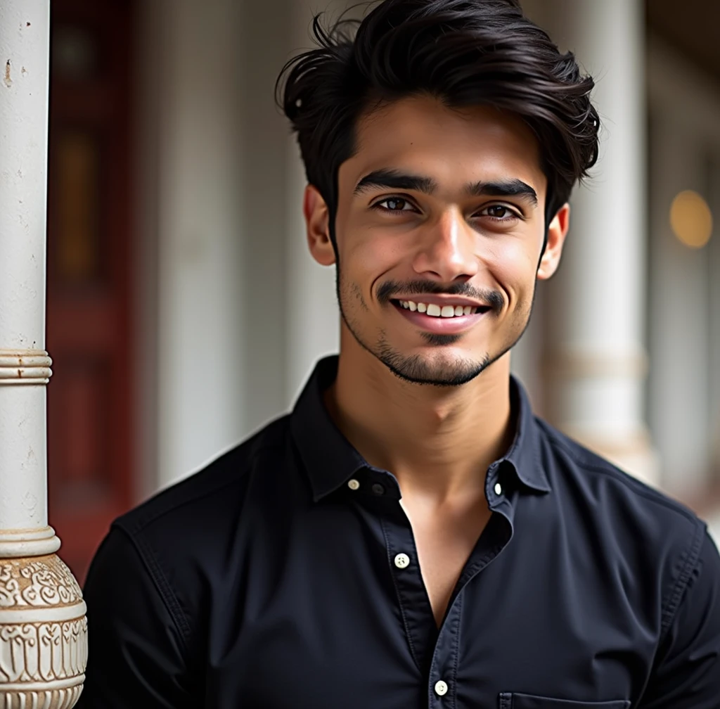 1 Sri Lankan white skinned handsome young man with a bright smile, black hair, two brown eyes, height about 5.9 feet, wearing a light blue shirt 