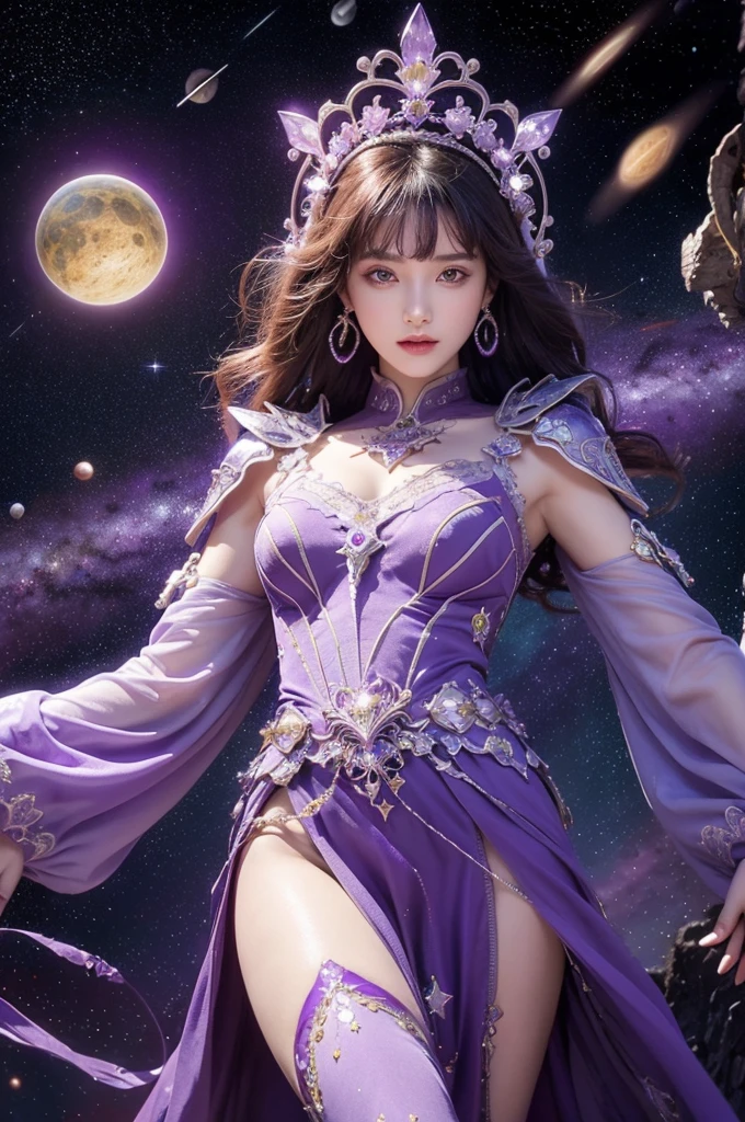 best quality, high quality, cinematic, hkmagic, purple holy knight floating in space, there are asteroids and other planetary bodies in the background, stars, body surrounded in brilliant purple energy, vibrant amethyst color, divine armor, holy energy