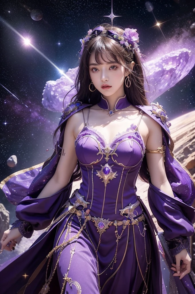 best quality, high quality, cinematic, hkmagic, purple holy knight floating in space, there are asteroids and other planetary bodies in the background, stars, body surrounded in brilliant purple energy, vibrant amethyst color, divine armor, holy energy