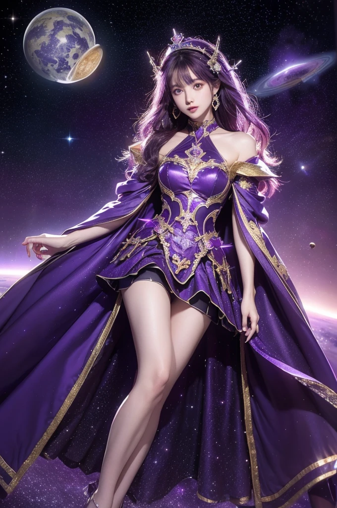 best quality, high quality, cinematic, hkmagic, purple holy knight floating in space, there are asteroids and other planetary bodies in the background, stars, body surrounded in brilliant purple energy, vibrant amethyst color, divine armor, holy energy