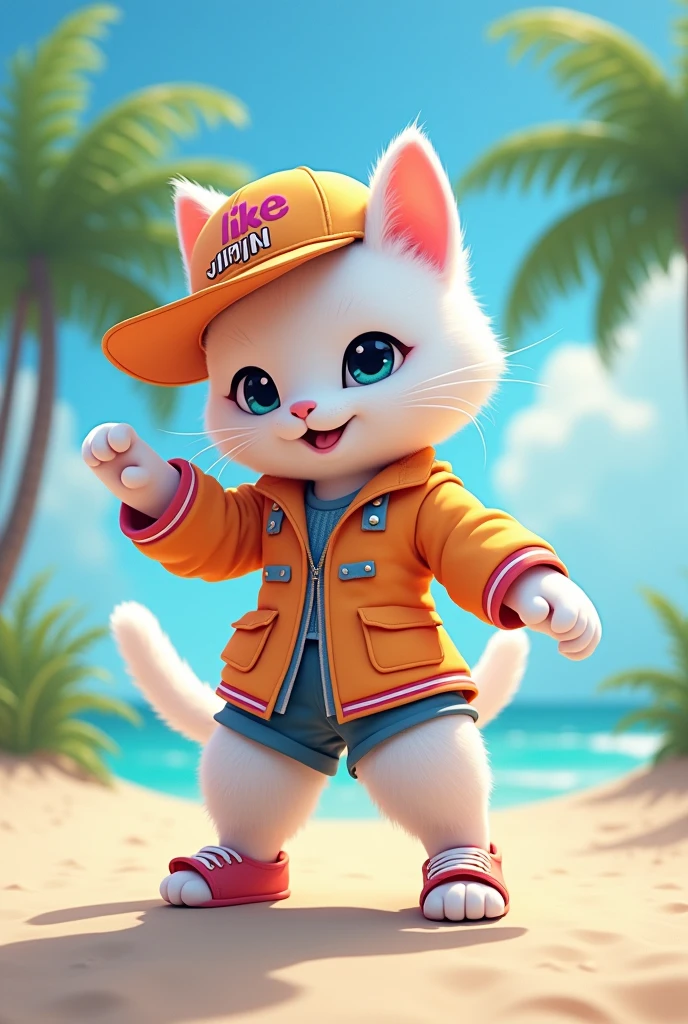 A cool and cute male cat is dressed as a kpop dancer and dancing at the front on the floor。  The hat says &quot;like JIMIN&quot;。
Pure white。
Small palm trees grow on the beach。