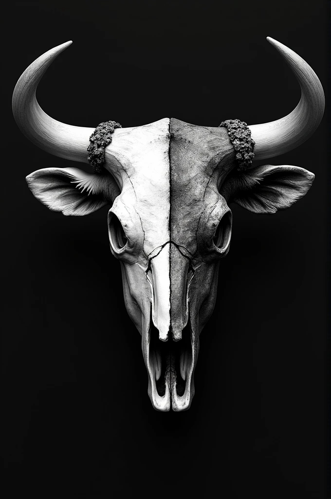 A bull's head, half skeleton, half normal, for a black and white tattoo