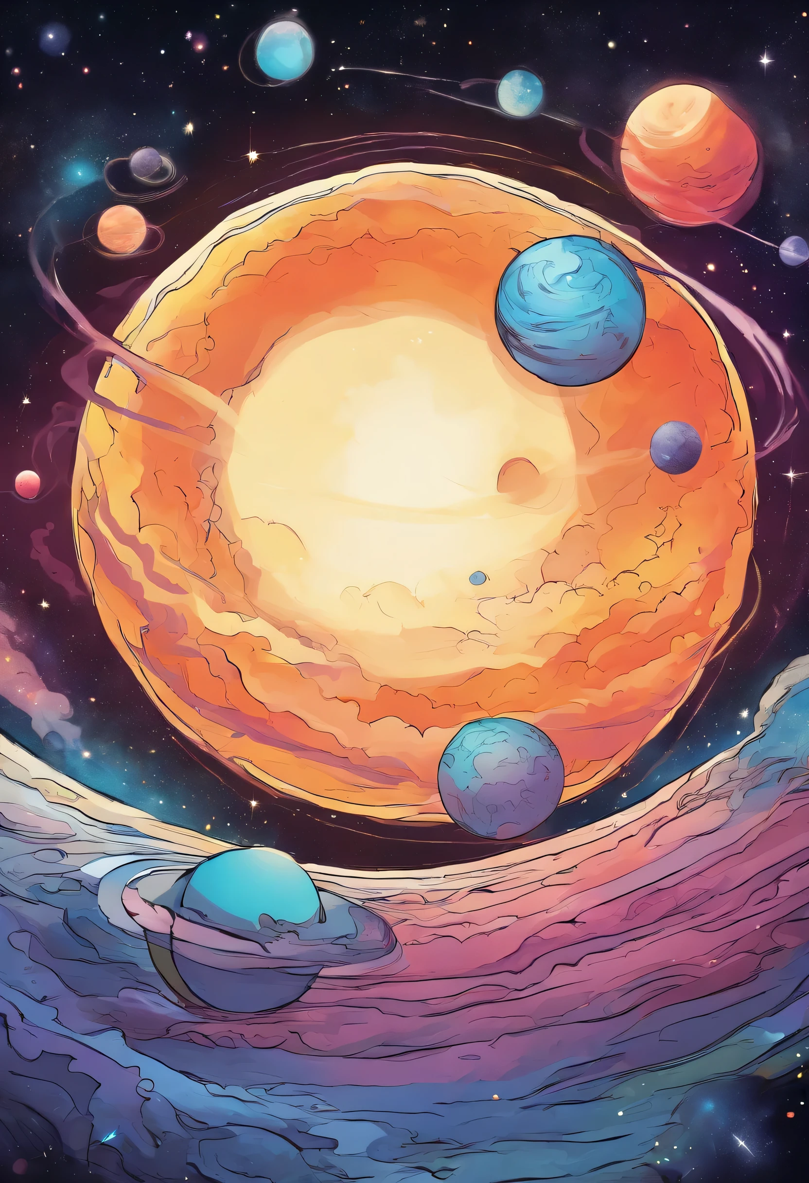 Multiple planets, over lapping in the shape if an Infinity band, expanding universe, stars, water colors,
