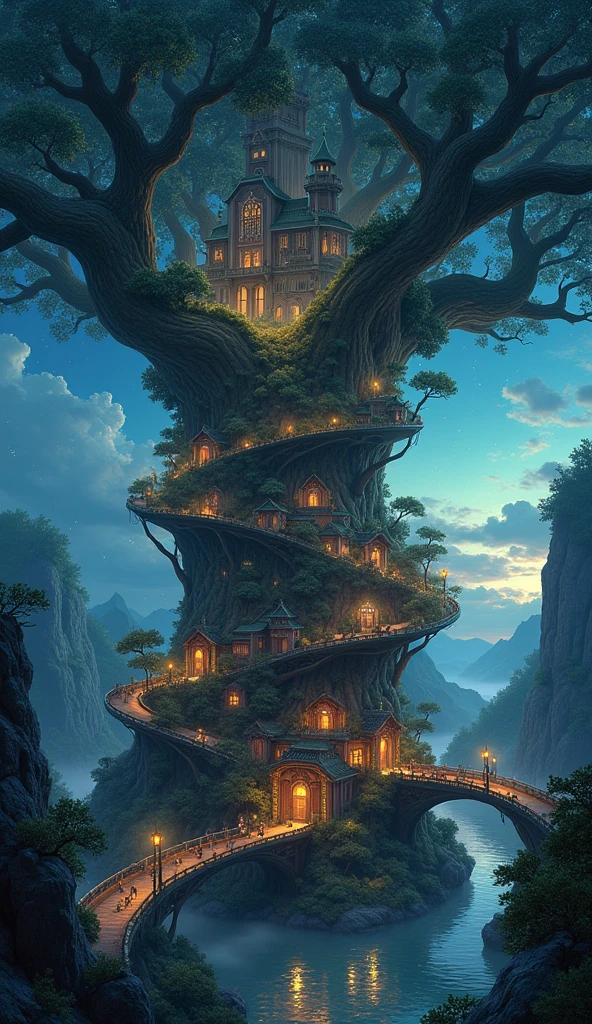 A fantasy town built around and within an enormous tree, reaching high into the sky. The tree's branches hold houses and walkways, and its trunk is adorned with intricate carvings and balconies. A majestic castle sits atop the tree's canopy, surrounded by twinkling lights and stars. The town below is connected by bridges and canals, reflecting the warm glow of lanterns against the night sky