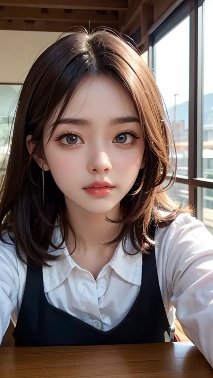 ((best quality)), ((On the table)), (detailed), (emphasize), Perfect face Young girl's face detail showing cleavage、Red eyes and long, Thick, smooth, pretty black hair,Bangs、Monochrome background、Wear it standing with a blazer and miniskirt、