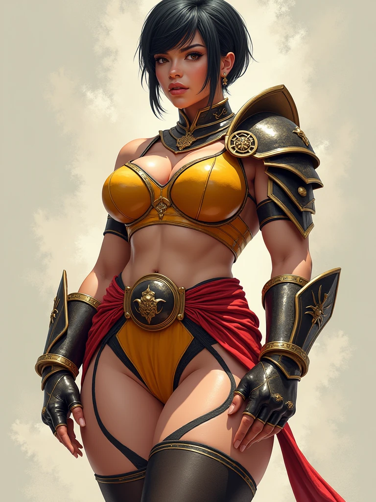 objective, Very short hair fit Woman wearing armor chun li cosplay, Womanly, impossibly small tiny waist abs waistline, circumference of lower extremities far exceeds 80 inches hips, she has massively immense hip measurements, with the worlds largest buttocks, location random, intense detail, bold leggings, hyper realistic, A bottom-heavy, superior body part, voluptuous lower body, feminine figure, portraits, Reductionist form, mujercore, bold lines, in the style of Mike Campau, Iris Van Herpen, Howard Schatz, Russian-Western, an Inferior Physical Goddess